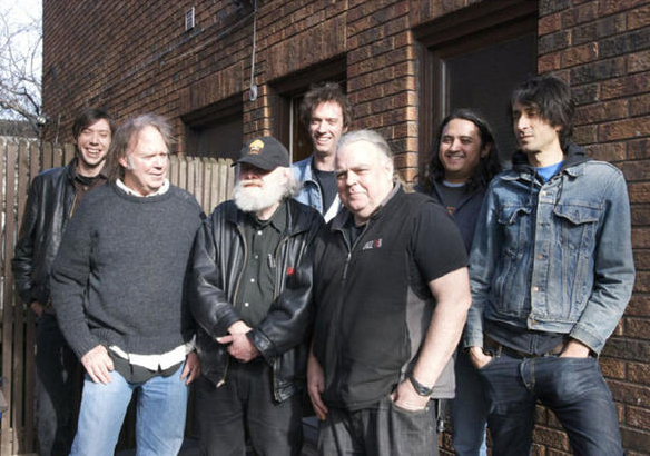 Photo of Neil Young, The Sadies, Peter J. Moore and Garth Hudson Outside Studio